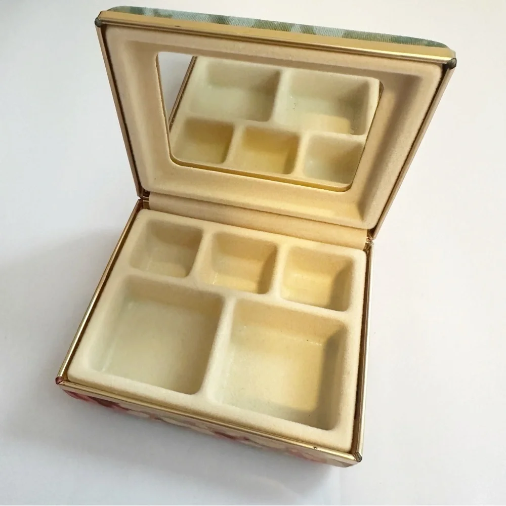 Vintage Floral Fabric Covered Jewelry Box Clam Shell With Mirror